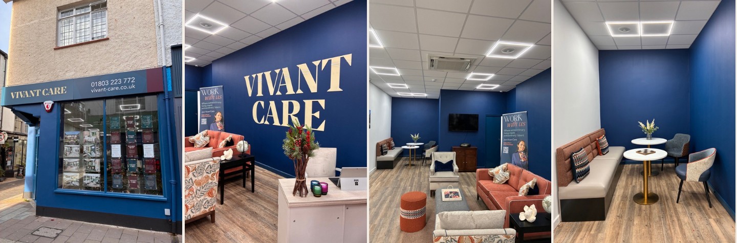Exterior and interior views of Vivant Care office. The exterior shows a blue storefront with signage displaying the company name, phone number, and website. The interior features modern lounge areas with blue walls, large 'VIVANT CARE' lettering, comfortable seating, decorative plants, and tables for meetings