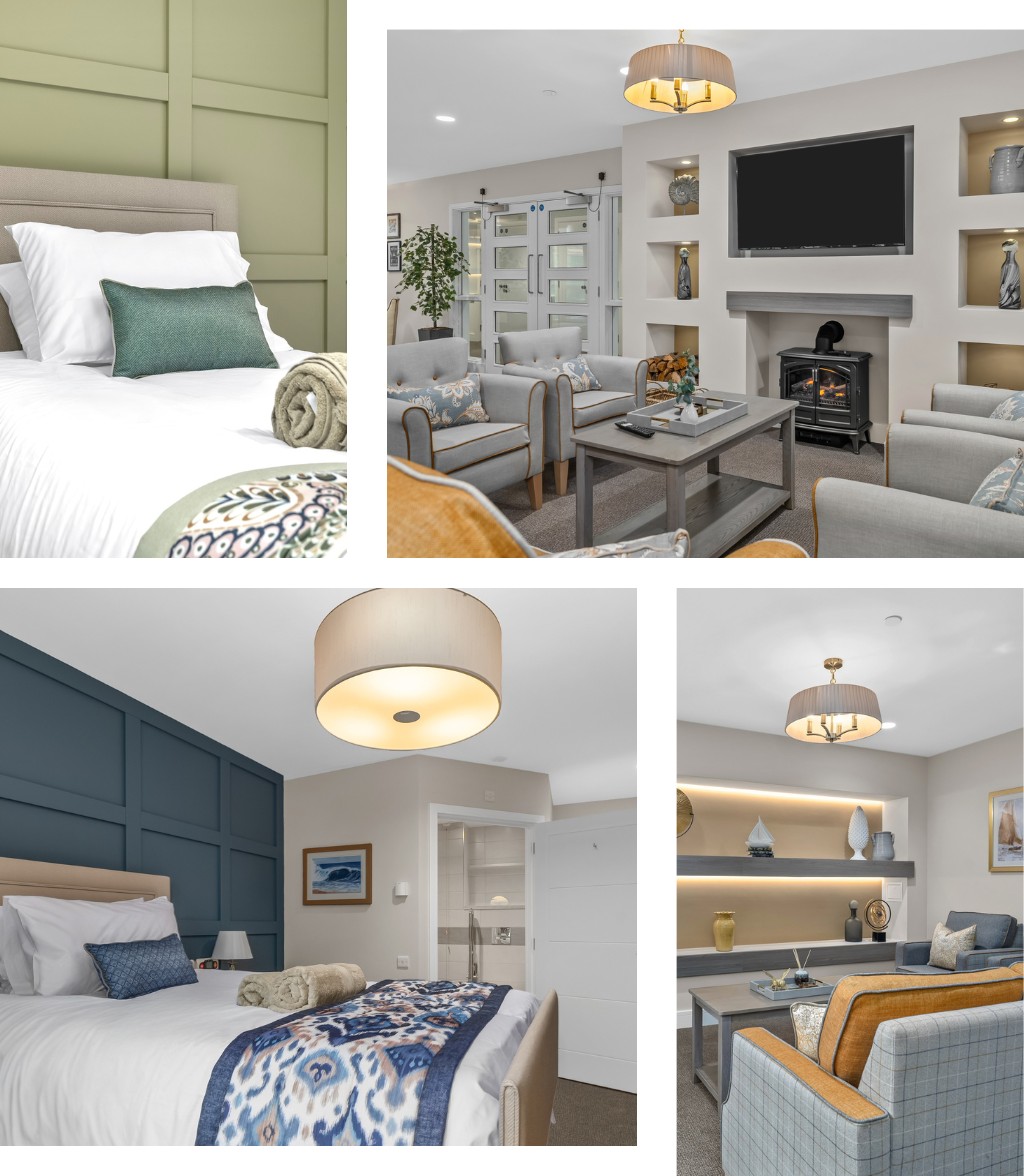 A collage of modern care home interiors featuring two stylish bedrooms with panelled accent walls, soft neutral bedding and decorative throws, alongside two cosy communal lounge areas with comfortable seating, warm lighting, display shelving and a fireplace.